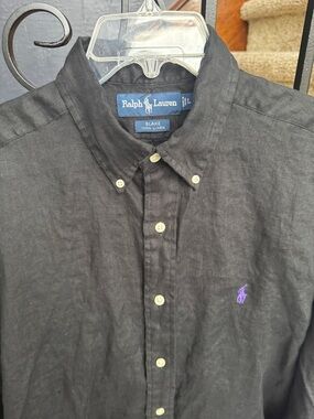 Large Ralph Lauren Black 100% Linen Button-Down Blake Shirt with Purple Pony